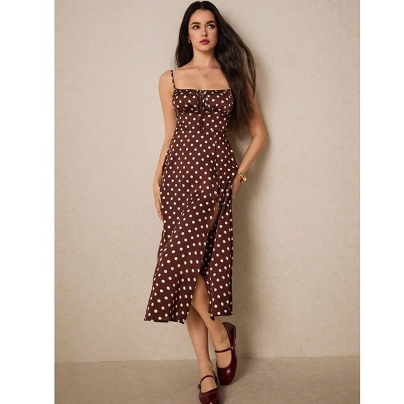 French Style Polka Dot Brown Midi Dress Leg Slit - Picture 13 of 16